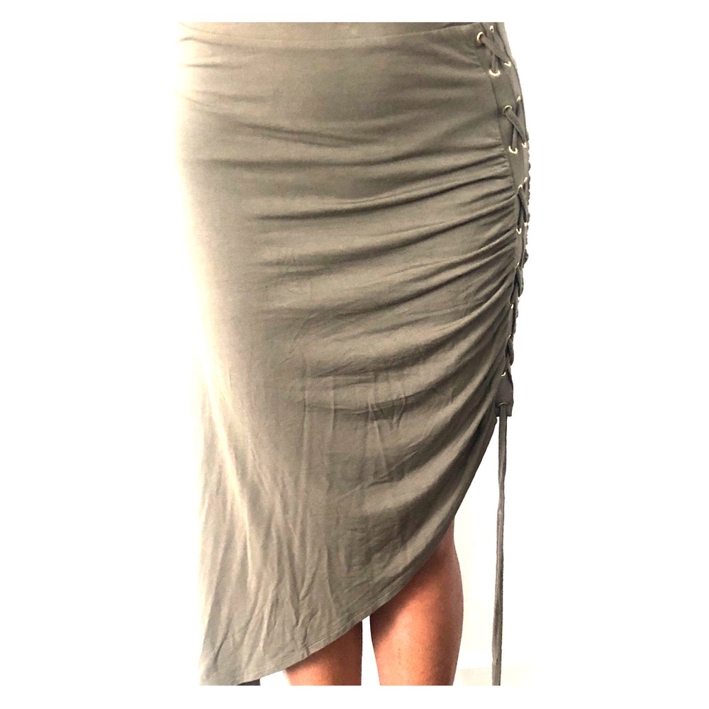 Asymmetrical khaki stretch side lace up skirt
